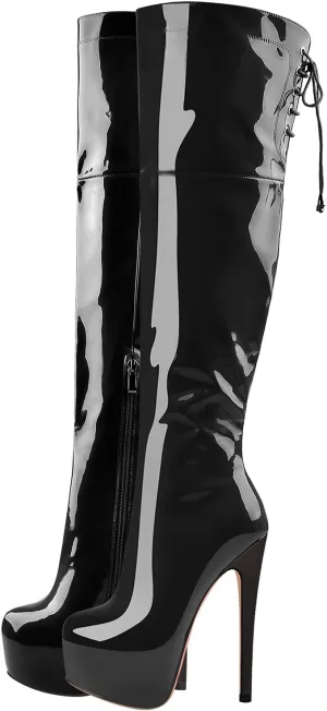 Women's Over The Knee Pull On Buckle Stiletto Heeled Lace Up Boots