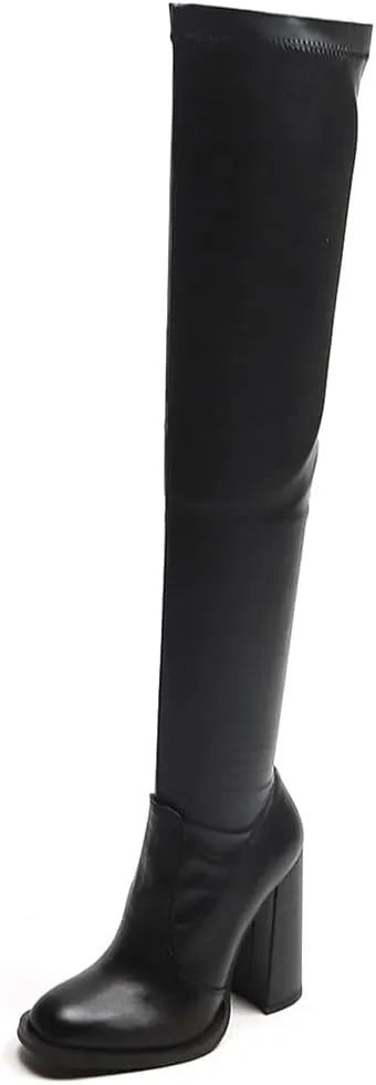 Women's Over The Knee Thigh High Chunky Heel Boots Pointed Toe Long Boots with Zipper