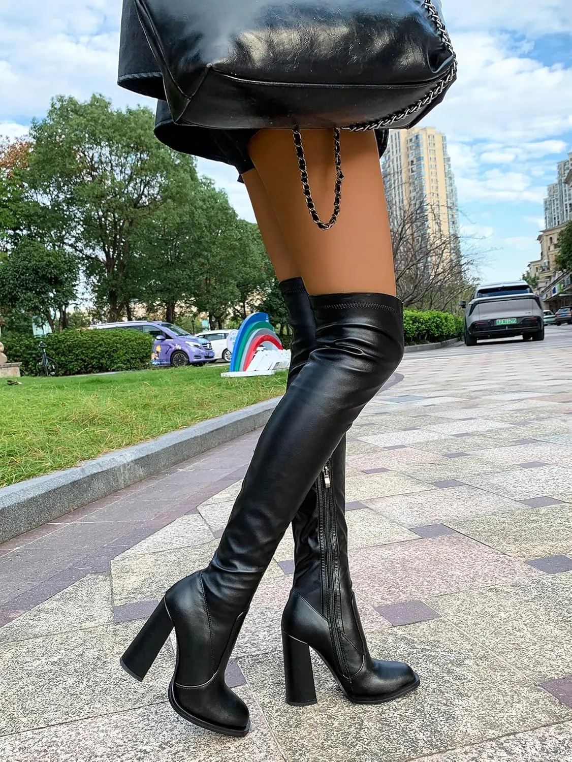 Women's Over The Knee Thigh High Chunky Heel Boots Pointed Toe Long Boots with Zipper