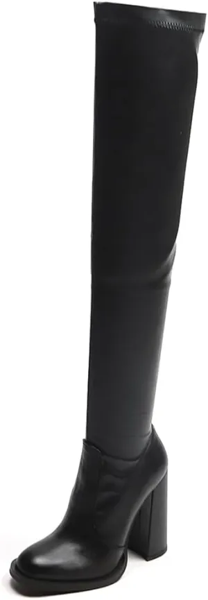 Women's Over The Knee Thigh High Chunky Heel Boots Pointed Toe Long Boots with Zipper