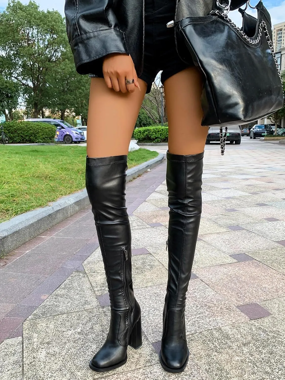 Women's Over The Knee Thigh High Chunky Heel Boots Pointed Toe Long Boots with Zipper
