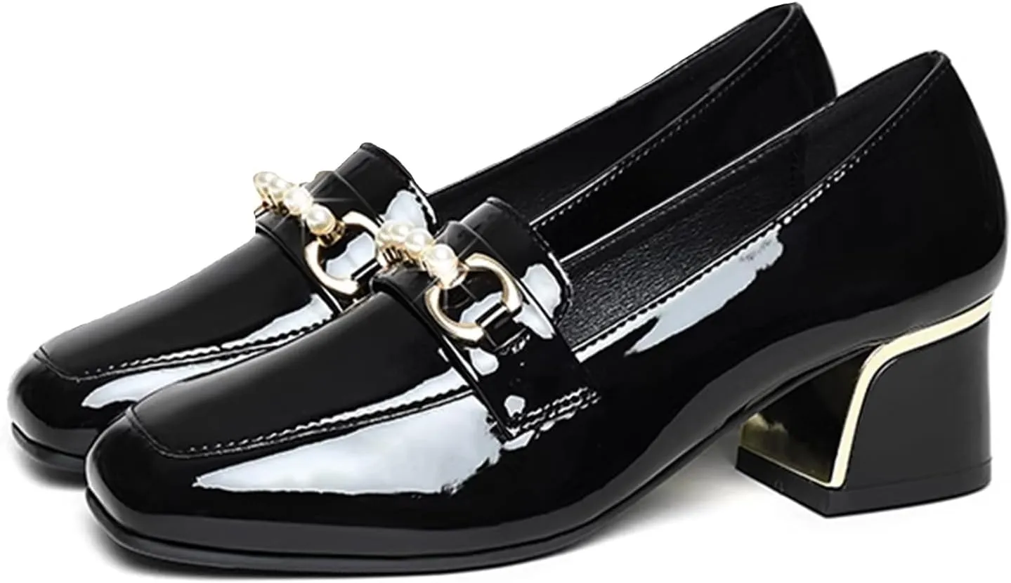 Women's Patent Leather Chunky Heel Loafers Comfort Closed Toe Pearl Metal Buckle Decoration Slip On Heeled Penny Loafers for Office Party Walking Formal Wear
