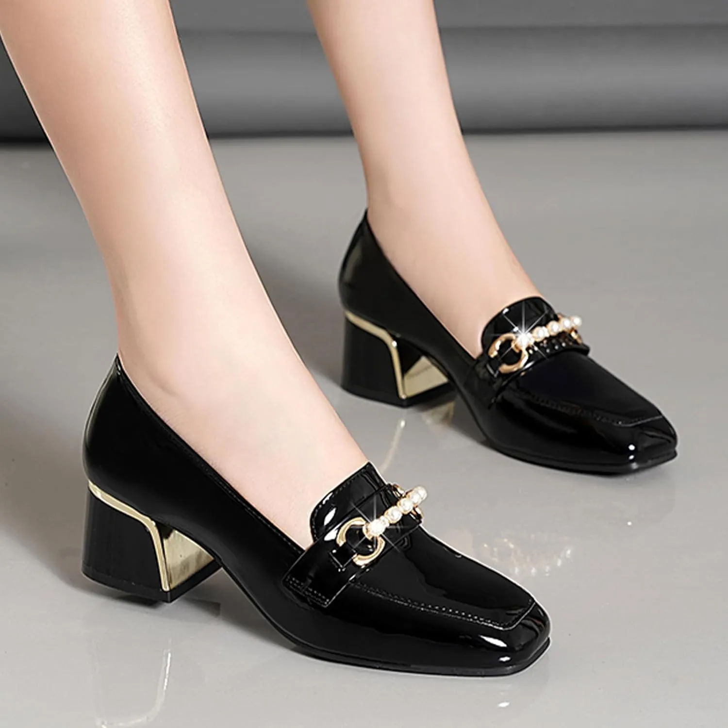 Women's Patent Leather Chunky Heel Loafers Comfort Closed Toe Pearl Metal Buckle Decoration Slip On Heeled Penny Loafers for Office Party Walking Formal Wear