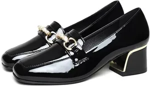 Women's Patent Leather Chunky Heel Loafers Comfort Closed Toe Pearl Metal Buckle Decoration Slip On Heeled Penny Loafers for Office Party Walking Formal Wear