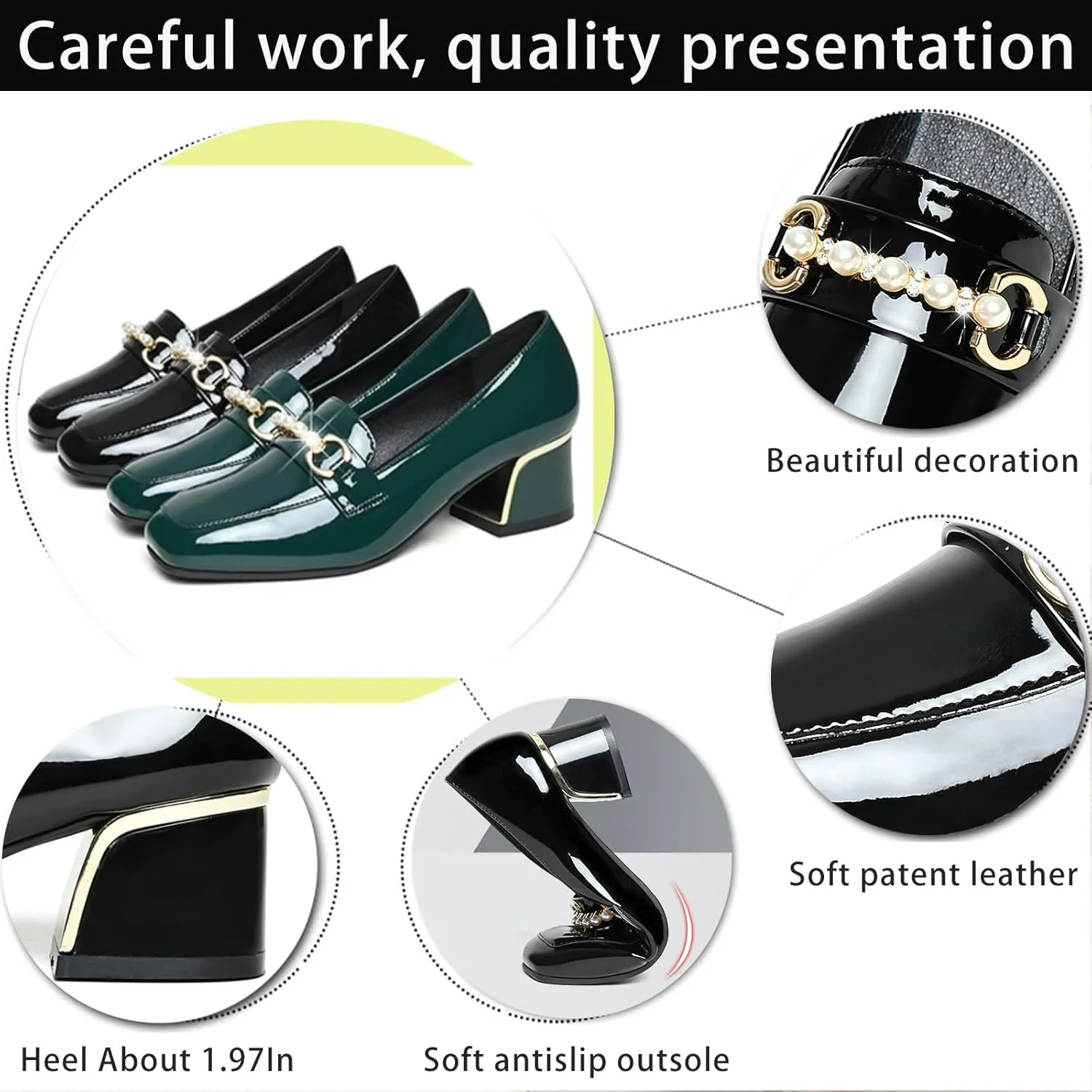 Women's Patent Leather Chunky Heel Loafers Comfort Closed Toe Pearl Metal Buckle Decoration Slip On Heeled Penny Loafers for Office Party Walking Formal Wear
