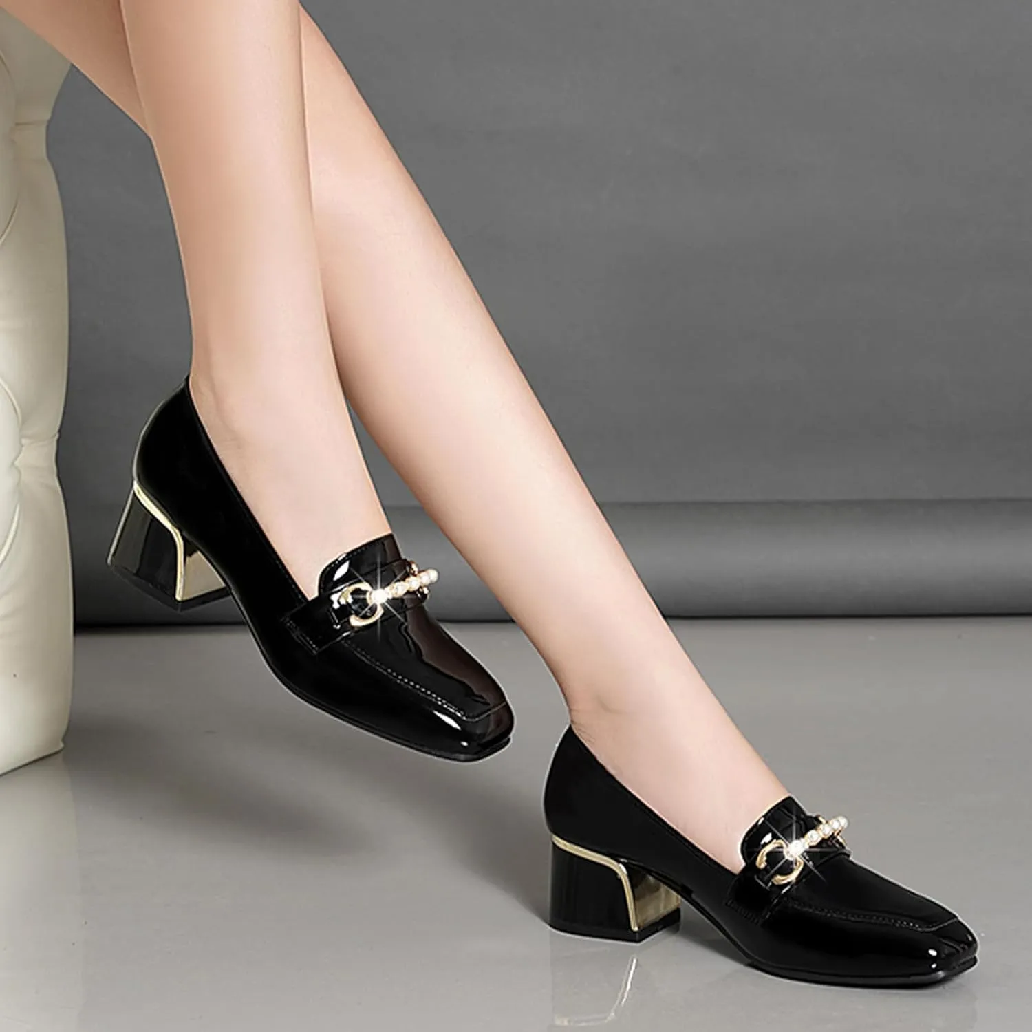 Women's Patent Leather Chunky Heel Loafers Comfort Closed Toe Pearl Metal Buckle Decoration Slip On Heeled Penny Loafers for Office Party Walking Formal Wear