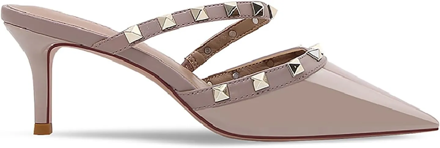 Women's Patent Leather Closed Pointed Toe Stiletto Mules Fashion Studded Strappy Slip-on Comfortable Mid Heels Sandals Pumps for Party Date Office Dress Slides