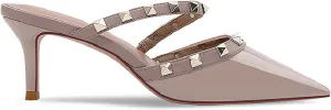 Women's Patent Leather Closed Pointed Toe Stiletto Mules Fashion Studded Strappy Slip-on Comfortable Mid Heels Sandals Pumps for Party Date Office Dress Slides