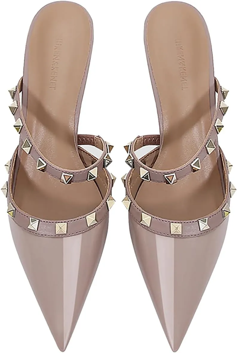 Women's Patent Leather Closed Pointed Toe Stiletto Mules Fashion Studded Strappy Slip-on Comfortable Mid Heels Sandals Pumps for Party Date Office Dress Slides