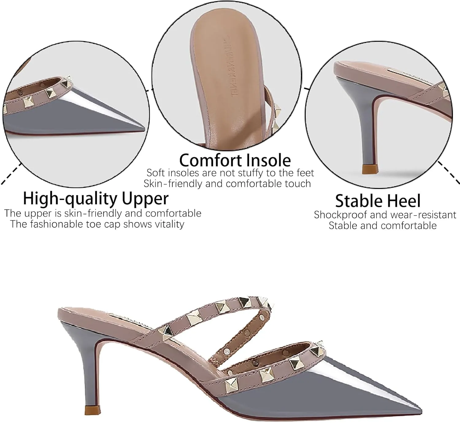 Women's Patent Leather Closed Pointed Toe Stiletto Mules Fashion Studded Strappy Slip-on Comfortable Mid Heels Sandals Pumps for Party Date Office Dress Slides