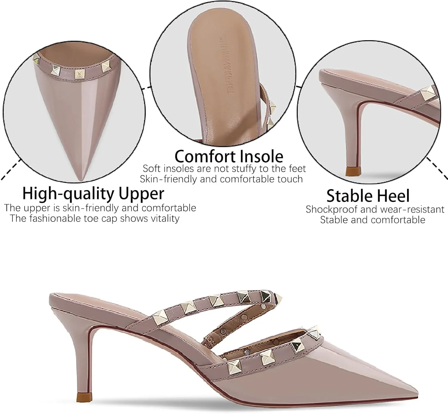 Women's Patent Leather Closed Pointed Toe Stiletto Mules Fashion Studded Strappy Slip-on Comfortable Mid Heels Sandals Pumps for Party Date Office Dress Slides