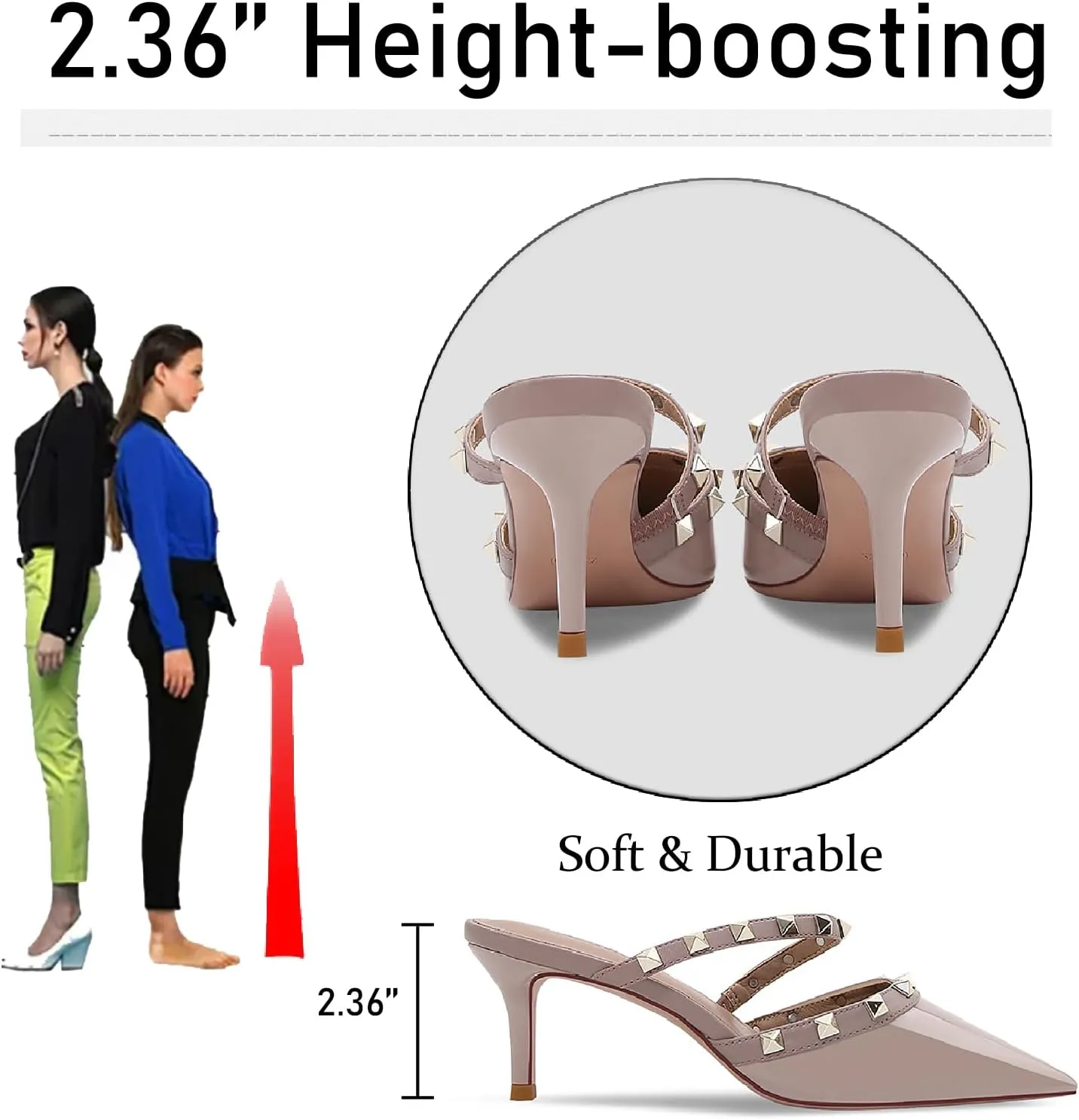 Women's Patent Leather Closed Pointed Toe Stiletto Mules Fashion Studded Strappy Slip-on Comfortable Mid Heels Sandals Pumps for Party Date Office Dress Slides