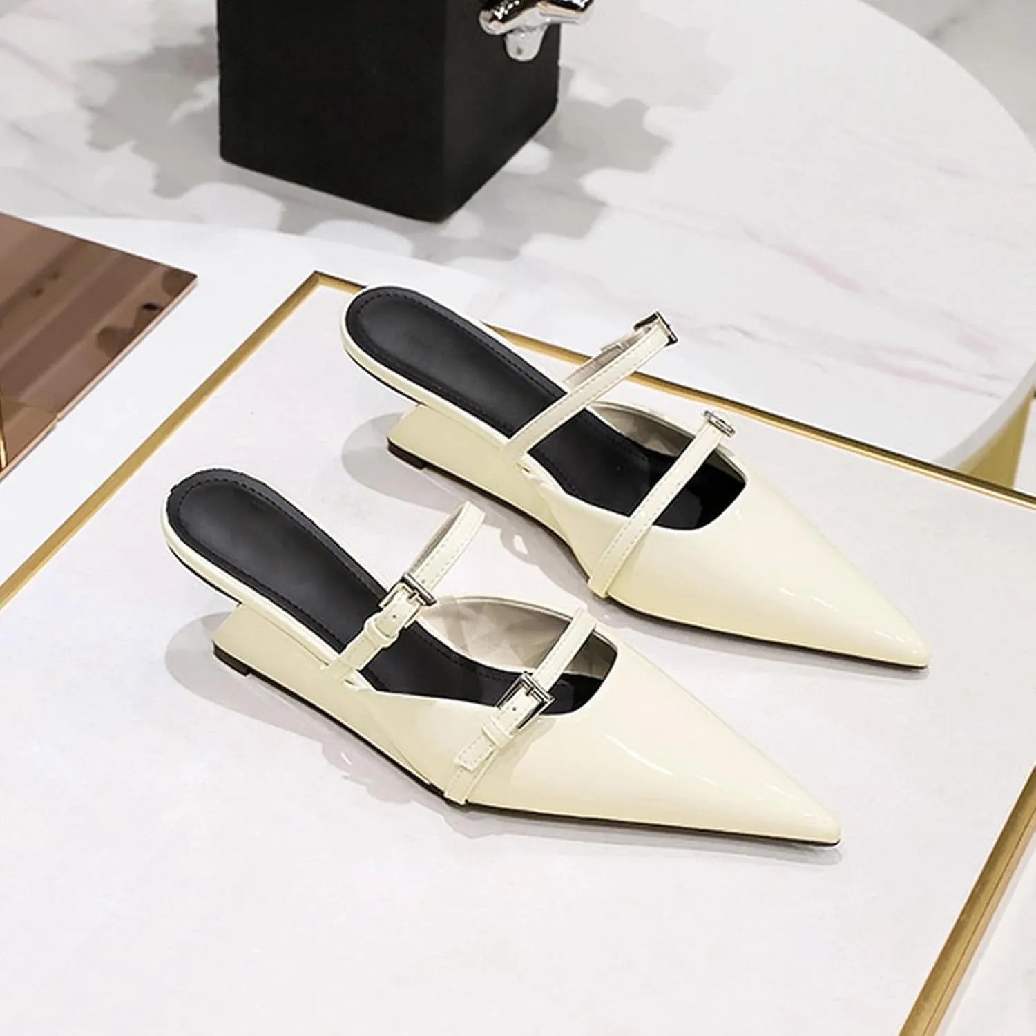 Women's Patent Leather Pointed Toe Wedge Mules with Adjust Instep Buckle Fashion Sexy Closed Toe Slingback MID Chunky Heel Dress Pumps Sandals for Party Prom Work