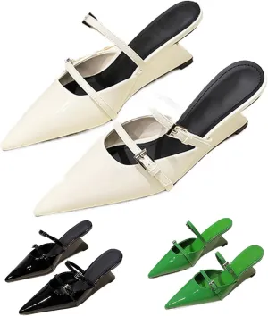 Women's Patent Leather Pointed Toe Wedge Mules with Adjust Instep Buckle Fashion Sexy Closed Toe Slingback MID Chunky Heel Dress Pumps Sandals for Party Prom Work
