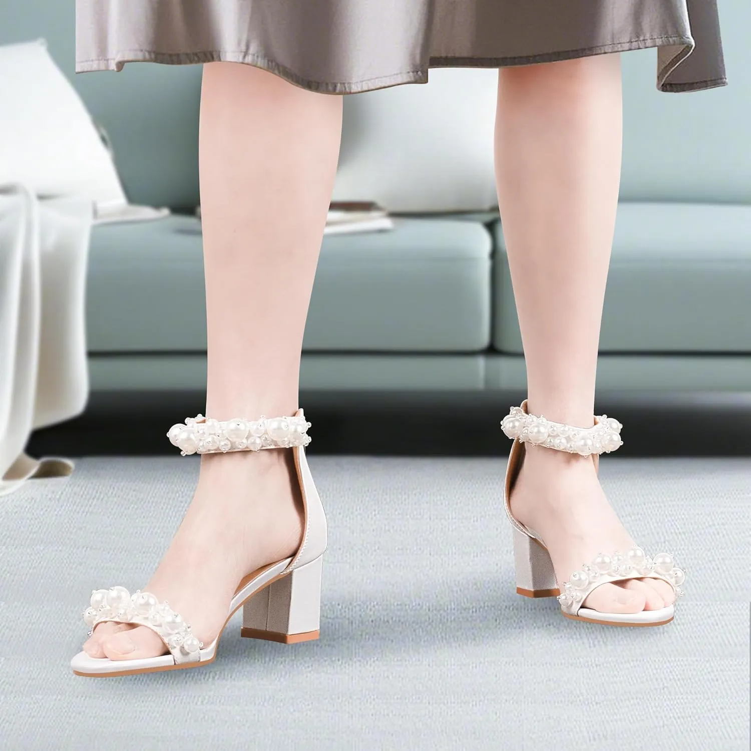 Women's Pearl Decoration Ankle Strap Sandals Chunky Block Heel Wedding Party Shoes