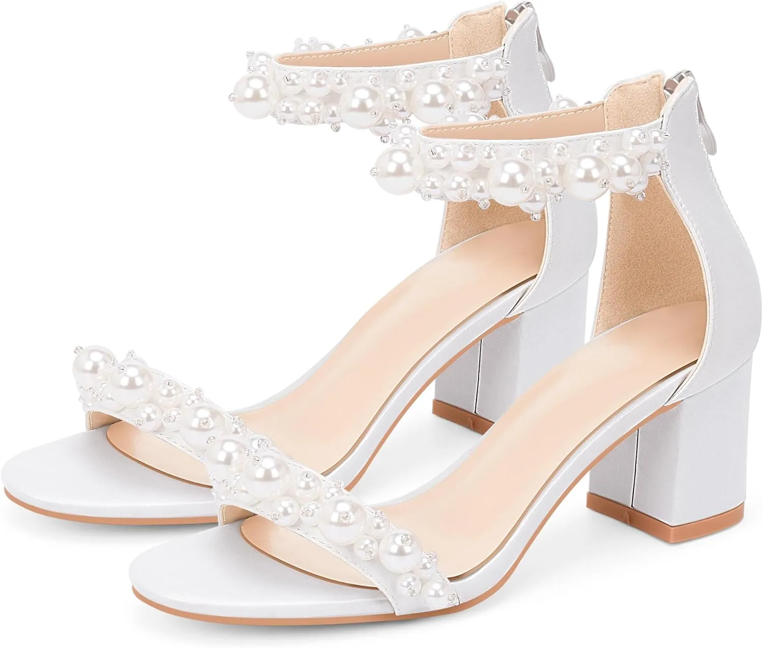 Women's Pearl Decoration Ankle Strap Sandals Chunky Block Heel Wedding Party Shoes