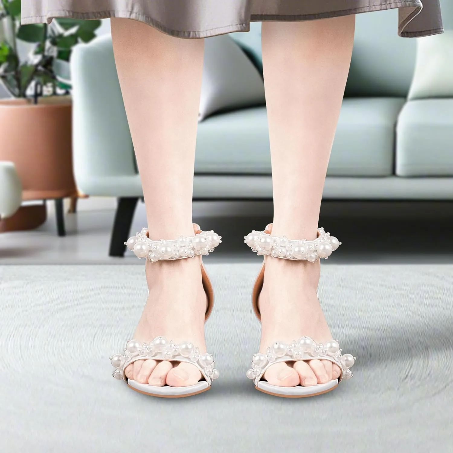 Women's Pearl Decoration Ankle Strap Sandals Chunky Block Heel Wedding Party Shoes