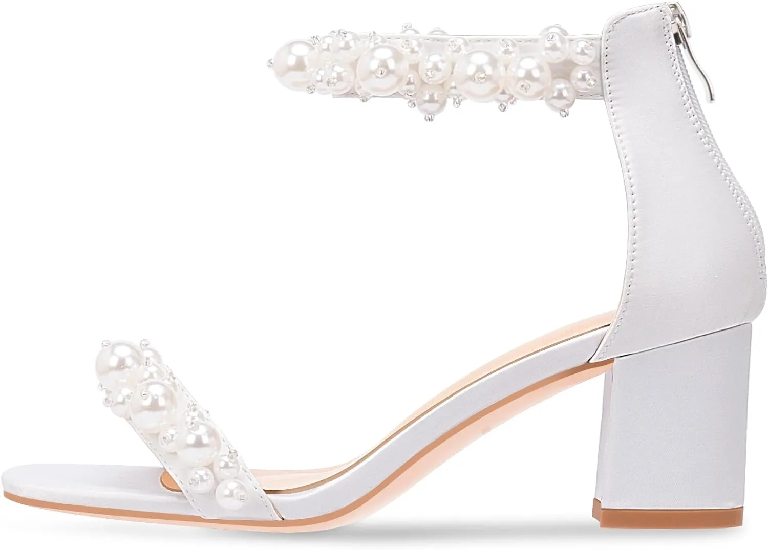 Women's Pearl Decoration Ankle Strap Sandals Chunky Block Heel Wedding Party Shoes