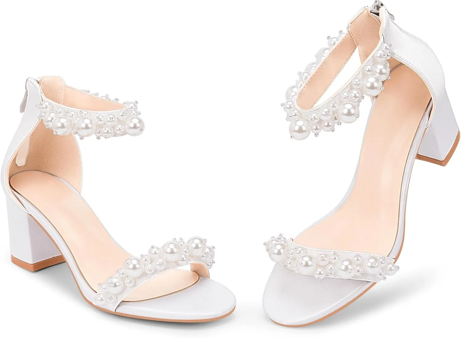 Women's Pearl Decoration Ankle Strap Sandals Chunky Block Heel Wedding Party Shoes