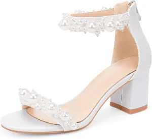 Women's Pearl Decoration Ankle Strap Sandals Chunky Block Heel Wedding Party Shoes