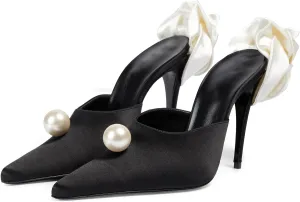 Womens Pearl Pointy Stiletto Heels Satin Flower Slip On Mules Pumps Banquet Dress Backless Heeled Sandals