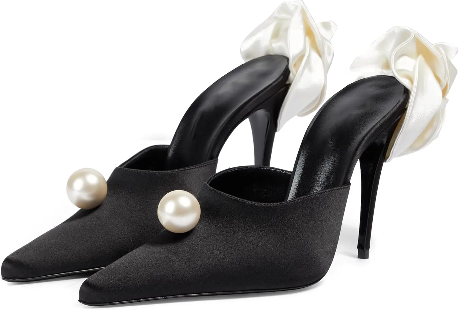 Womens Pearl Pointy Stiletto Heels Satin Flower Slip On Mules Pumps Banquet Dress Backless Heeled Sandals