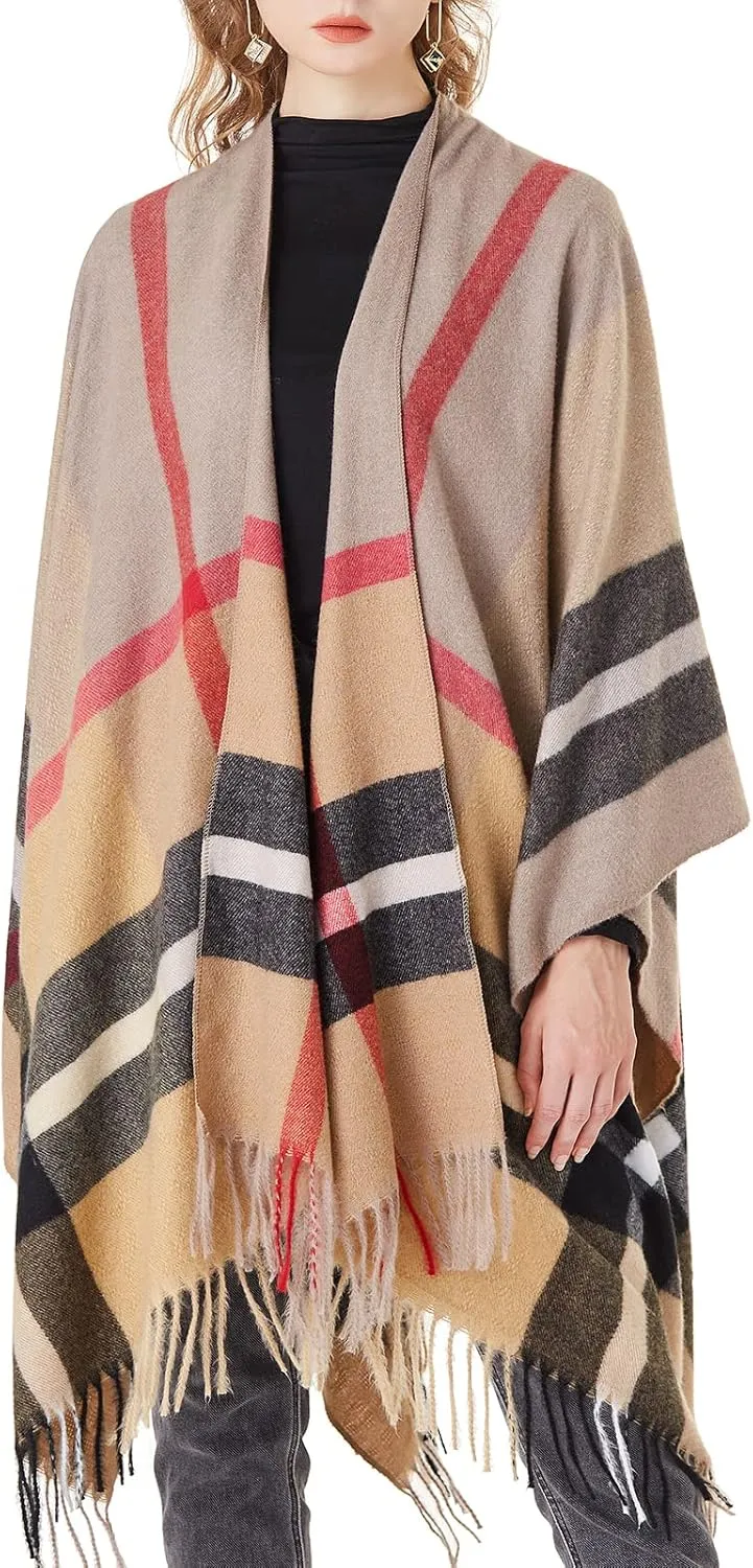 Women's Plaid Shawl Wrap Warm Cardigan Open Front Poncho Cape for Central Air Conditioning or Public Chilly Places