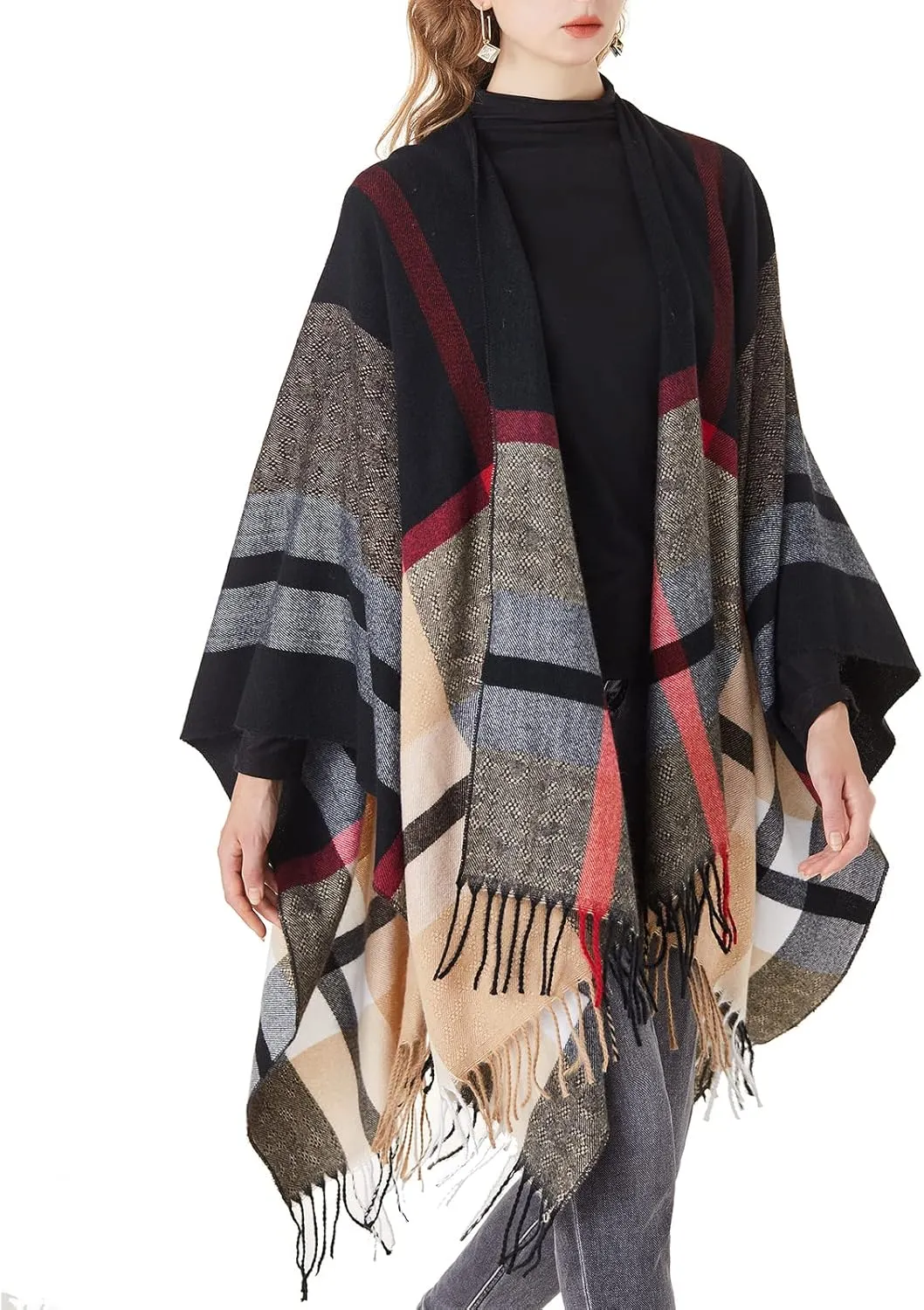 Women's Plaid Shawl Wrap Warm Cardigan Open Front Poncho Cape for Central Air Conditioning or Public Chilly Places