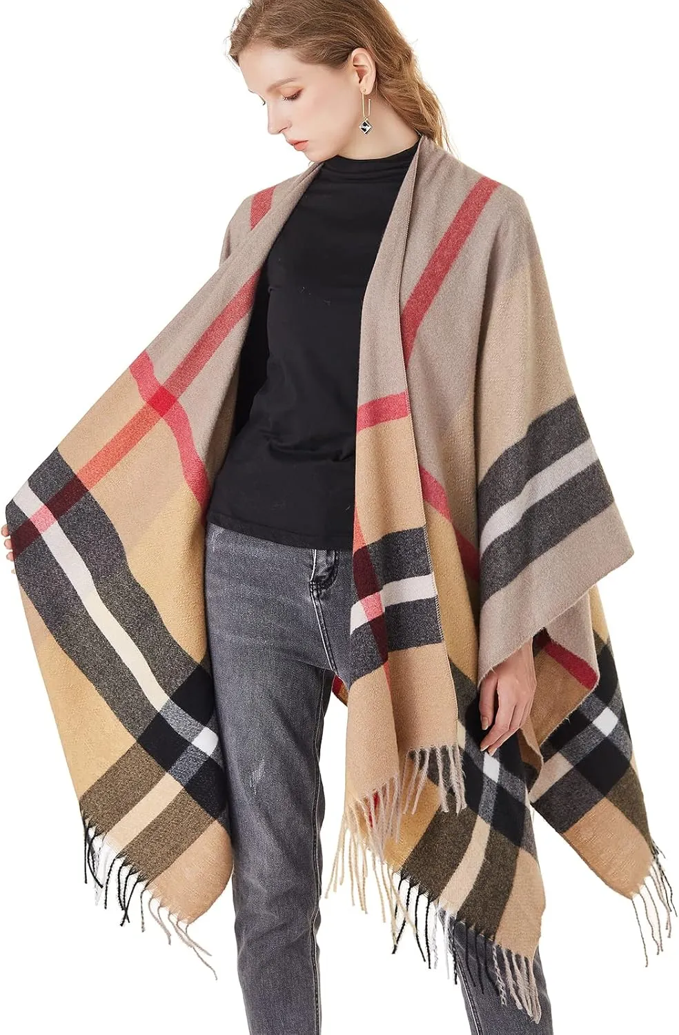 Women's Plaid Shawl Wrap Warm Cardigan Open Front Poncho Cape for Central Air Conditioning or Public Chilly Places