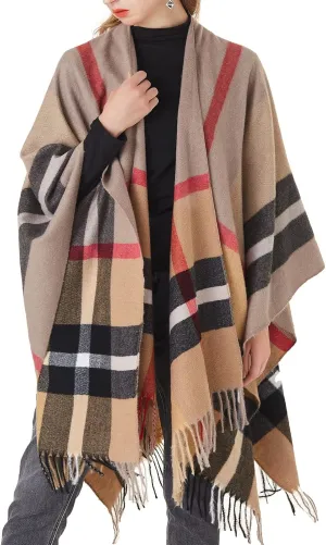 Women's Plaid Shawl Wrap Warm Cardigan Open Front Poncho Cape for Central Air Conditioning or Public Chilly Places
