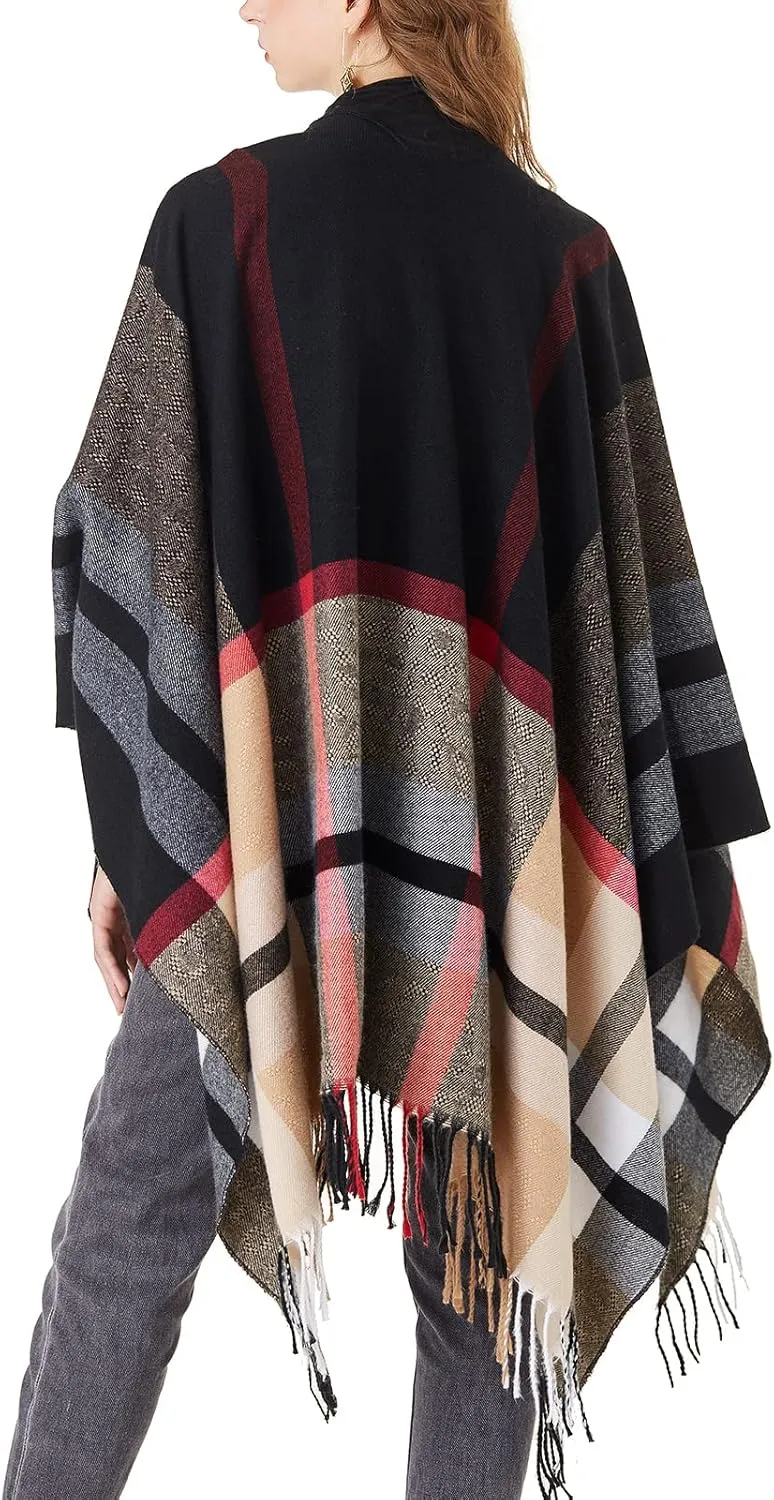 Women's Plaid Shawl Wrap Warm Cardigan Open Front Poncho Cape for Central Air Conditioning or Public Chilly Places