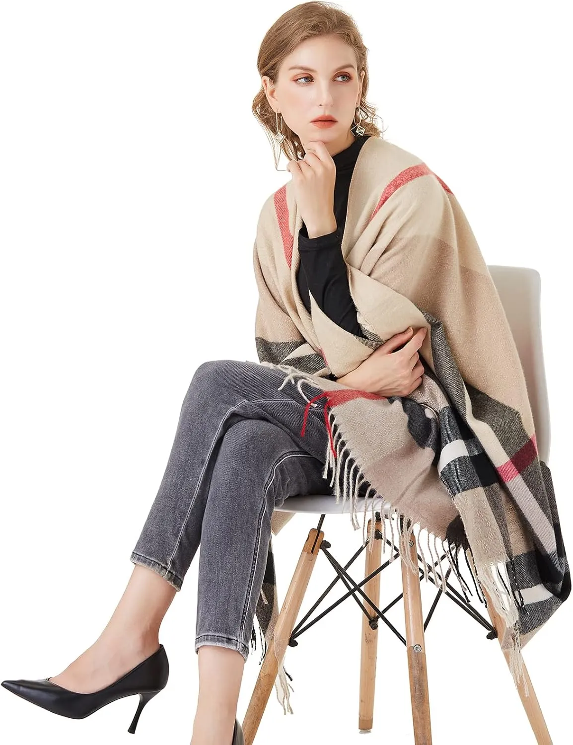 Women's Plaid Shawl Wrap Warm Cardigan Open Front Poncho Cape for Central Air Conditioning or Public Chilly Places