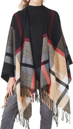 Women's Plaid Shawl Wrap Warm Cardigan Open Front Poncho Cape for Central Air Conditioning or Public Chilly Places