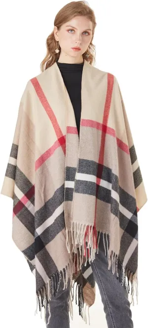 Women's Plaid Shawl Wrap Warm Cardigan Open Front Poncho Cape for Central Air Conditioning or Public Chilly Places