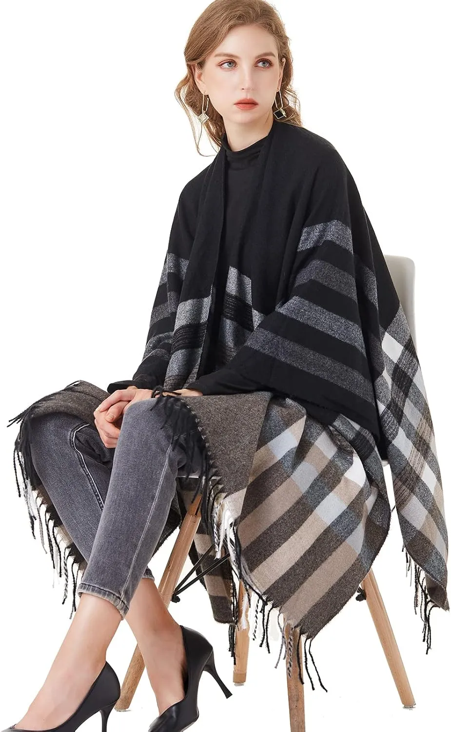 Women's Plaid Shawl Wrap Warm Cardigan Open Front Poncho Cape for Central Air Conditioning or Public Chilly Places