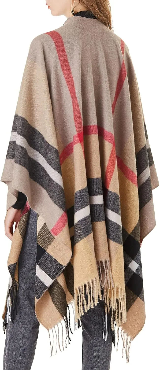 Women's Plaid Shawl Wrap Warm Cardigan Open Front Poncho Cape for Central Air Conditioning or Public Chilly Places