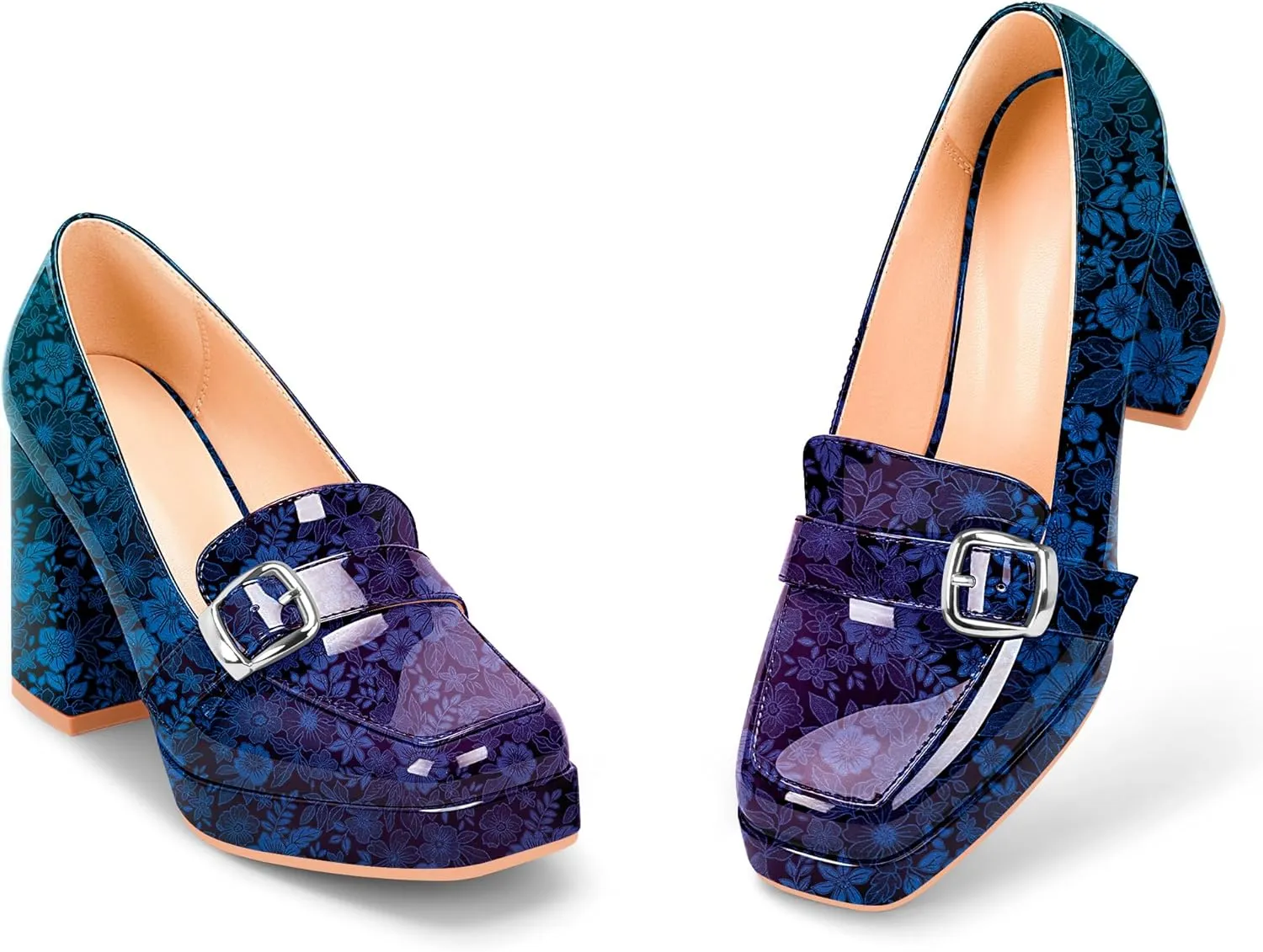 Women's Platform Chunky High Heel Loafers Patent Leather Buckle Pumps Office Dress Shoes