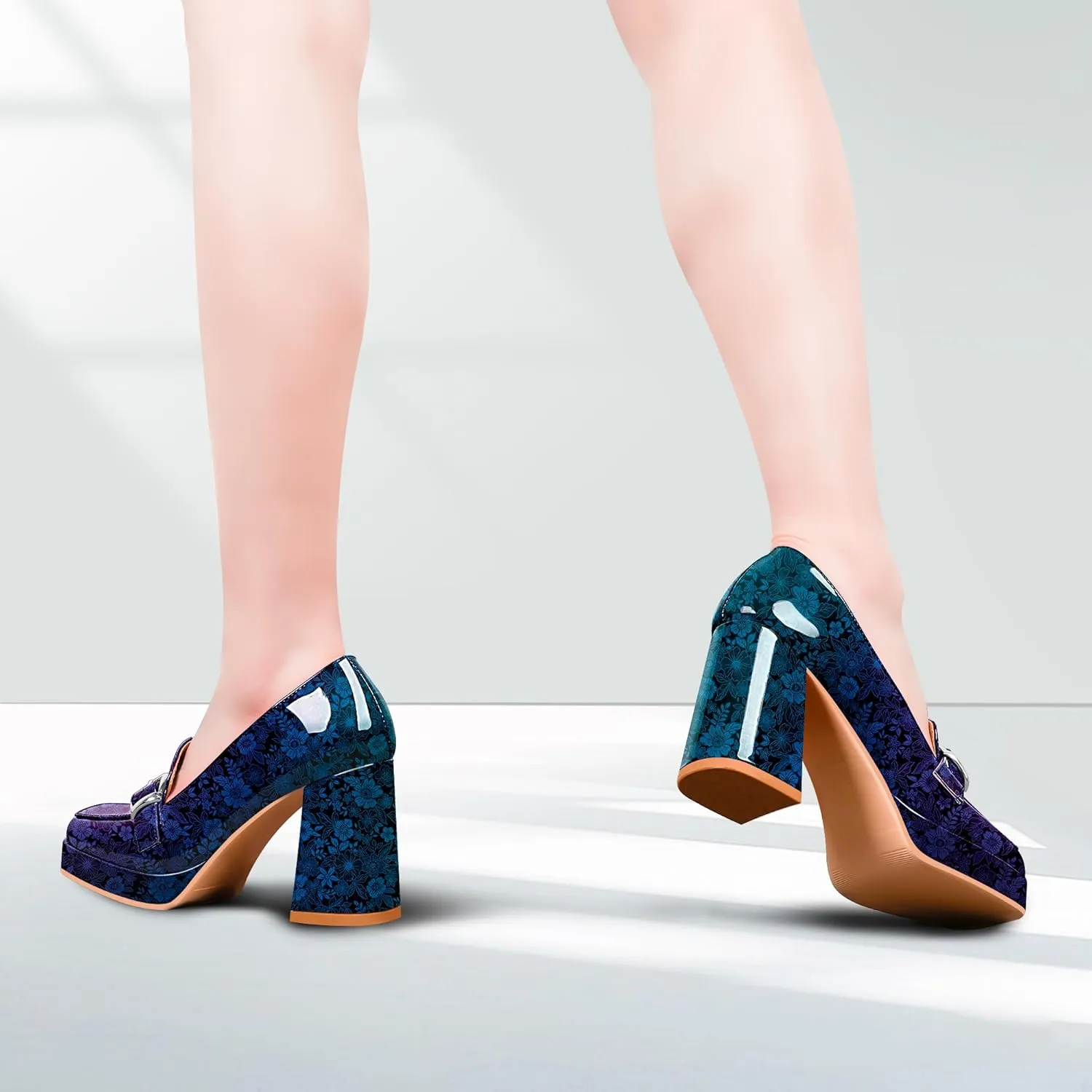 Women's Platform Chunky High Heel Loafers Patent Leather Buckle Pumps Office Dress Shoes