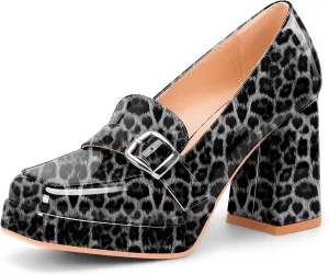 Women's Platform Chunky High Heel Loafers Patent Leather Buckle Pumps Office Dress Shoes