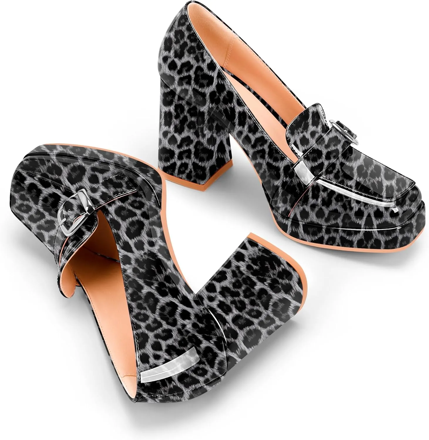 Women's Platform Chunky High Heel Loafers Patent Leather Buckle Pumps Office Dress Shoes
