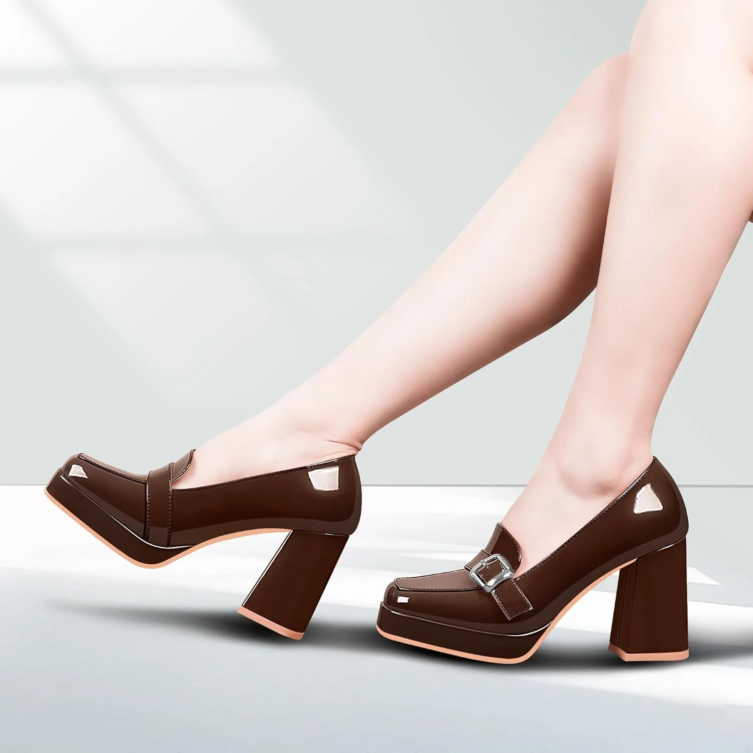 Women's Platform Chunky High Heel Loafers Patent Leather Buckle Pumps Office Dress Shoes