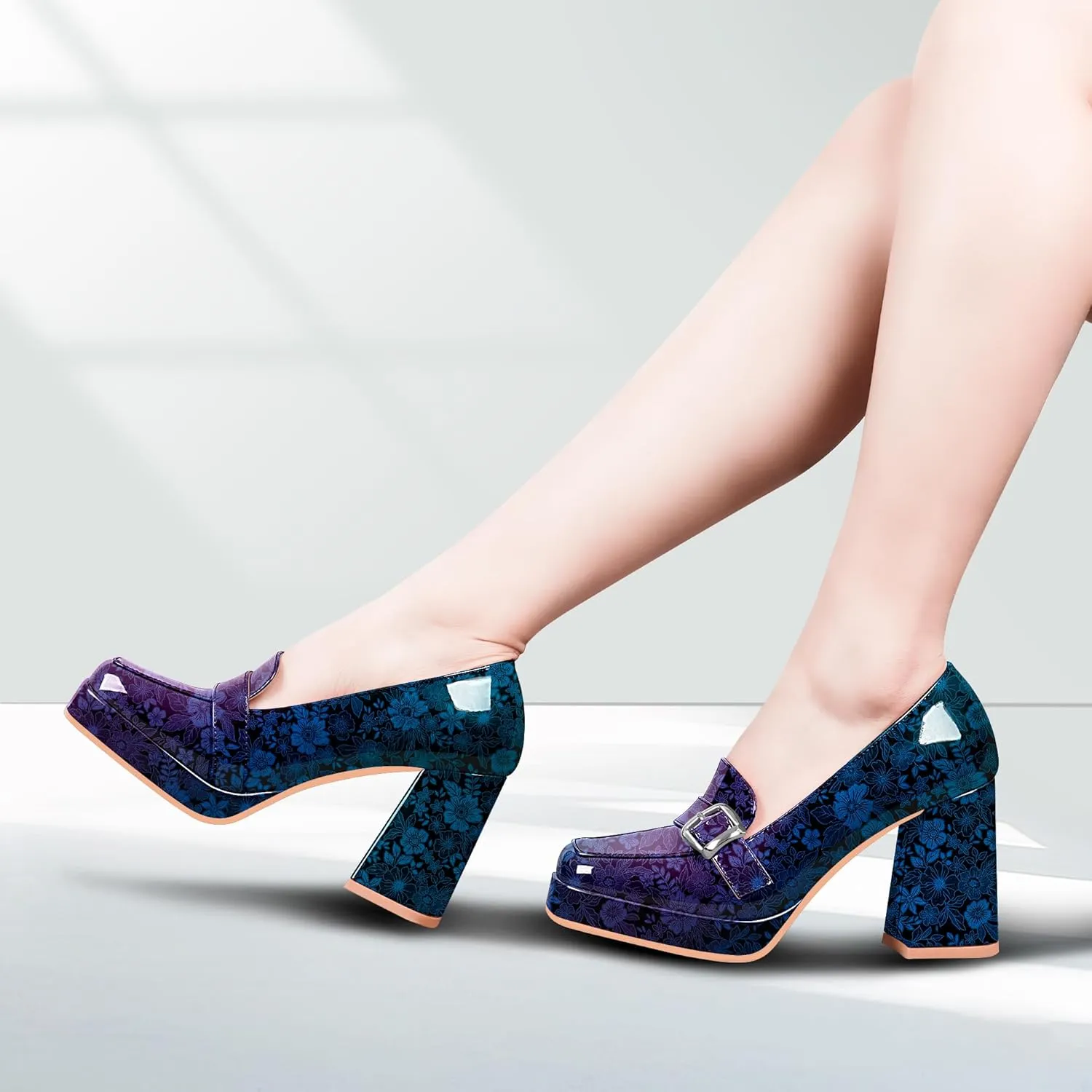Women's Platform Chunky High Heel Loafers Patent Leather Buckle Pumps Office Dress Shoes