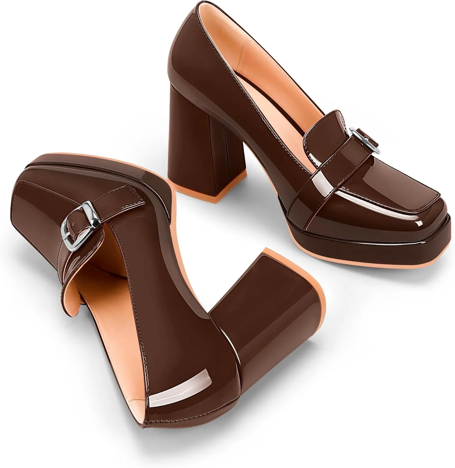 Women's Platform Chunky High Heel Loafers Patent Leather Buckle Pumps Office Dress Shoes