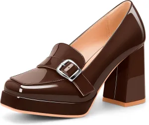 Women's Platform Chunky High Heel Loafers Patent Leather Buckle Pumps Office Dress Shoes