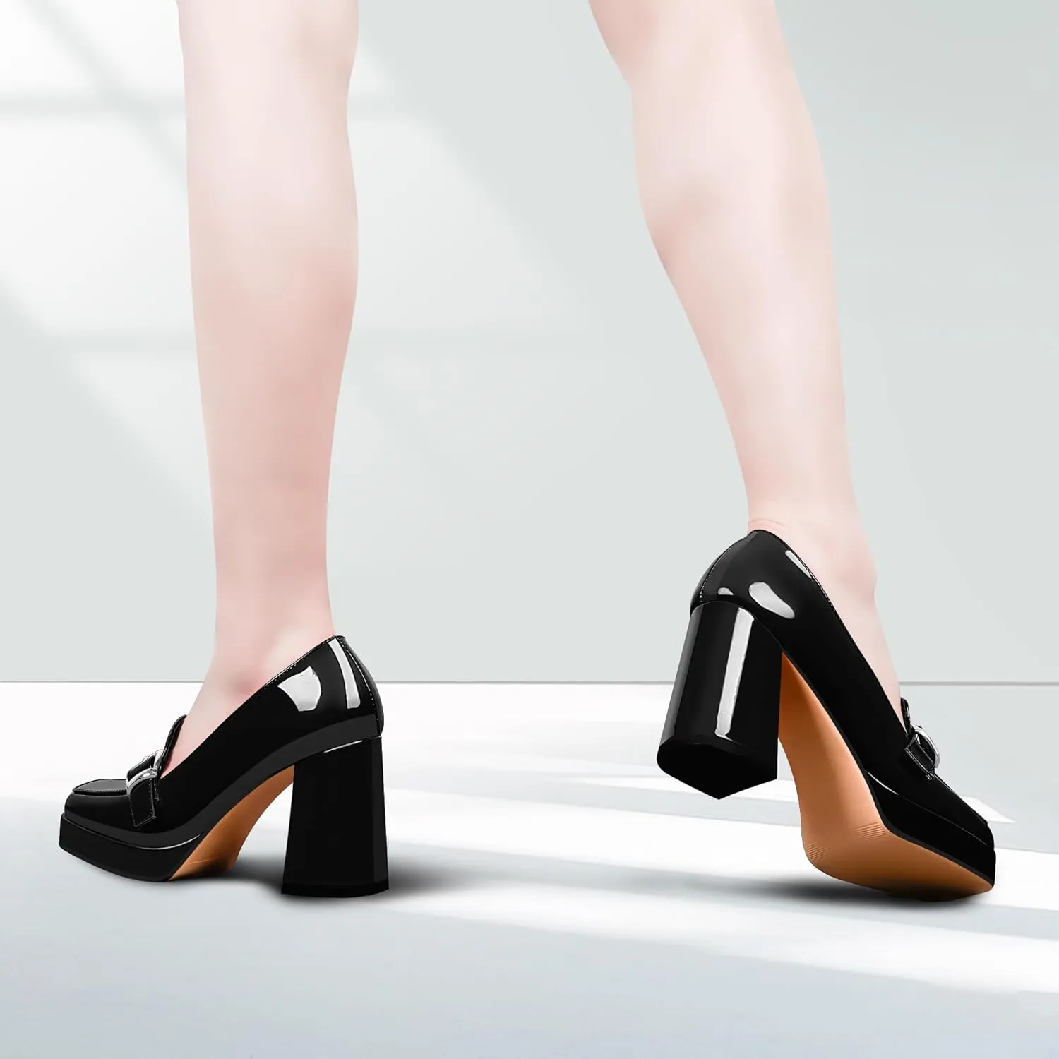Women's Platform Chunky High Heel Loafers Patent Leather Buckle Pumps Office Dress Shoes