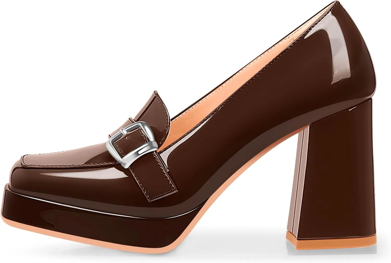 Women's Platform Chunky High Heel Loafers Patent Leather Buckle Pumps Office Dress Shoes