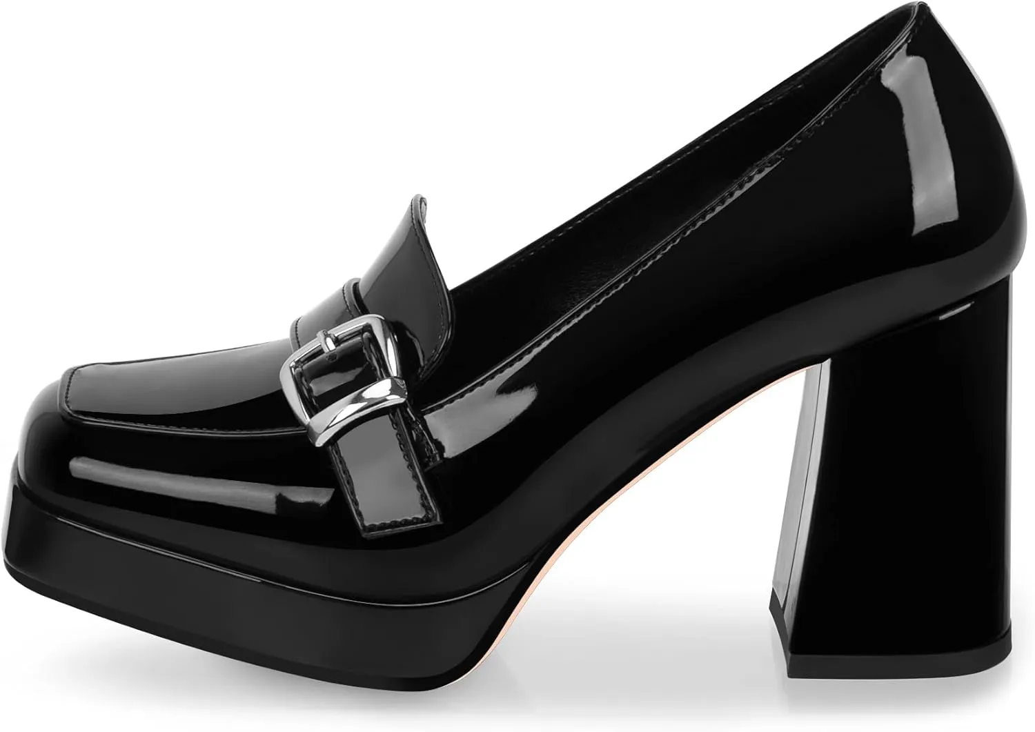 Women's Platform Chunky High Heel Loafers Patent Leather Buckle Pumps Office Dress Shoes