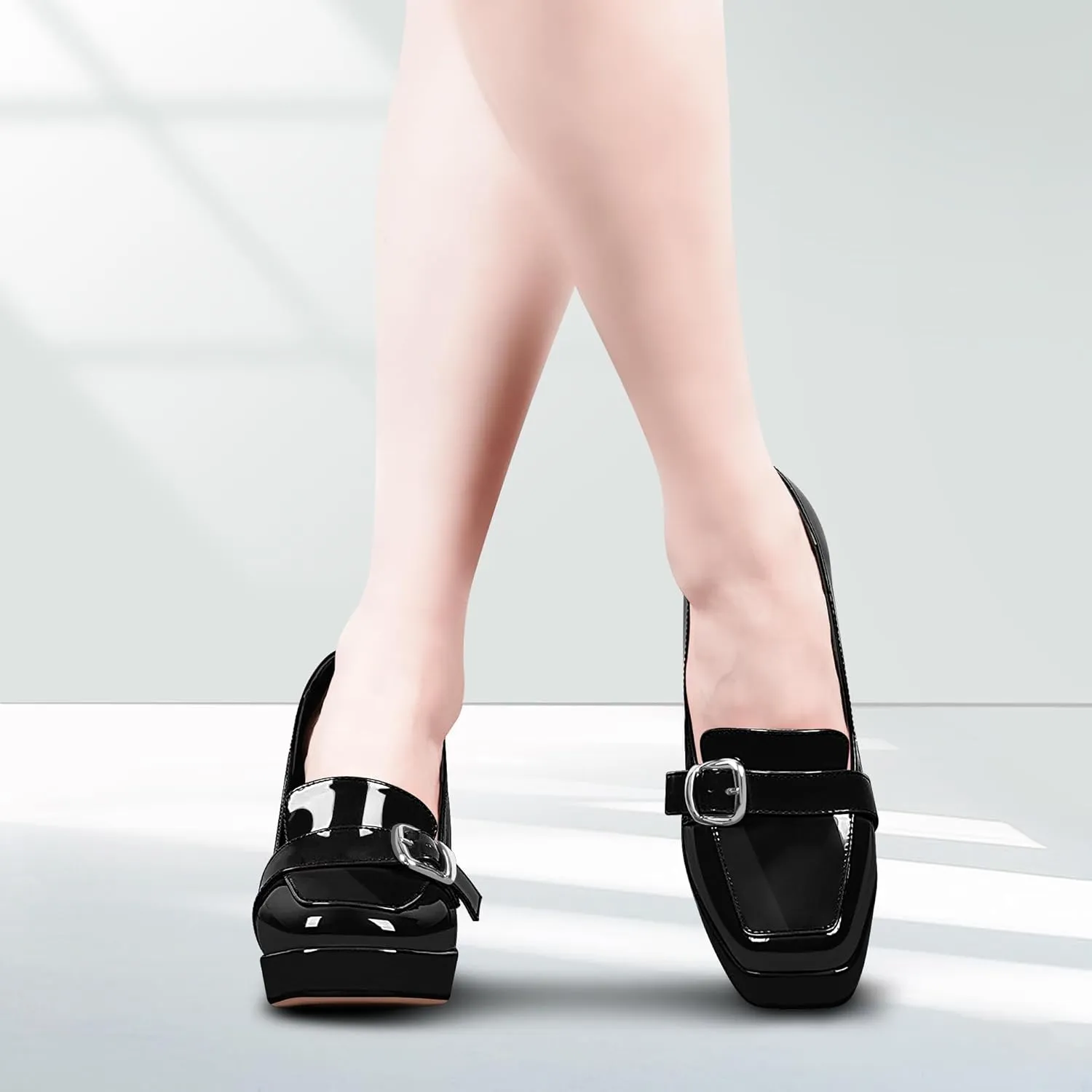Women's Platform Chunky High Heel Loafers Patent Leather Buckle Pumps Office Dress Shoes