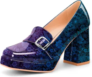 Women's Platform Chunky High Heel Loafers Patent Leather Buckle Pumps Office Dress Shoes