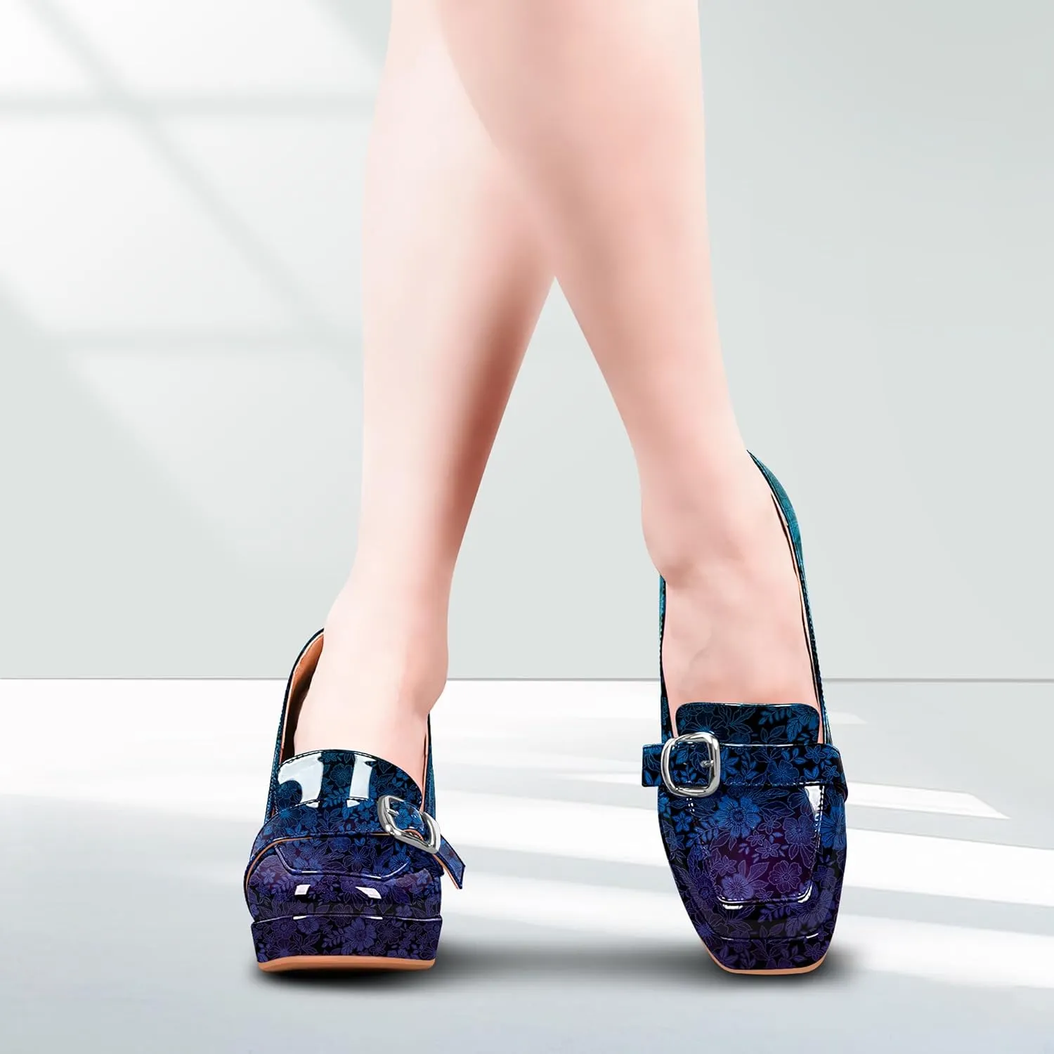 Women's Platform Chunky High Heel Loafers Patent Leather Buckle Pumps Office Dress Shoes